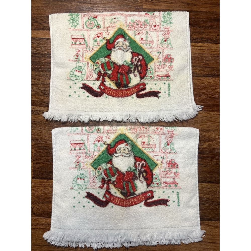 2 Vintage FRANCO Christmas Kitchen Hand Towels With Fringe Santa Claus Toys